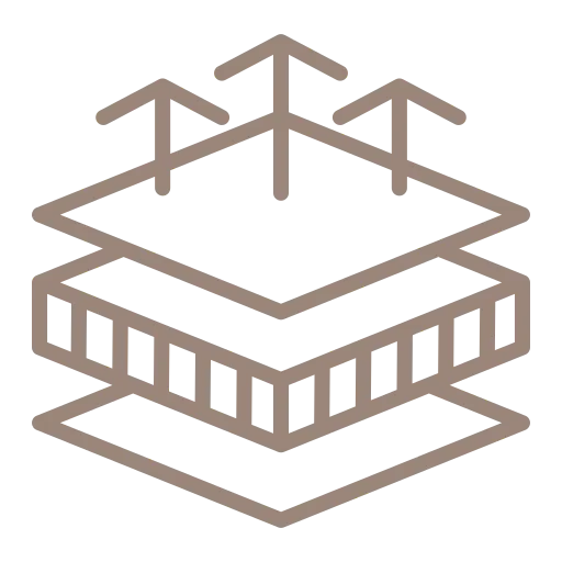 M. Ulusoy & Söhne GbR – Malermeisterbetrieb – Symbol eines dreilagigen Quadrats mit nach oben zeigenden Pfeilen, die Belüftung oder Isolierung symbolisieren.