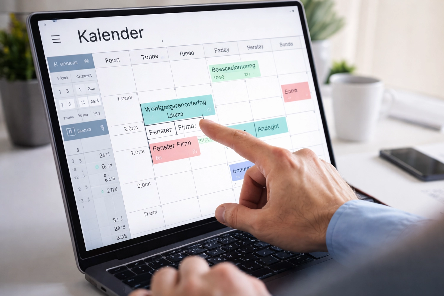 M. Ulusoy & Söhne GbR – Malermeisterbetrieb – Hand zeigt auf einen digitalen Kalender auf einem Laptop-Bildschirm mit geplanten Terminen und Aufgaben.